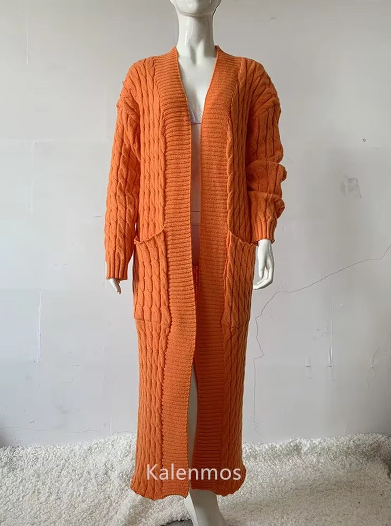 Long Cardigan Women Jacket Autumn Kintted Winter Green Crochet Loose Long Sleeve Spring Sweater Warm Jumper Causal Cardigans