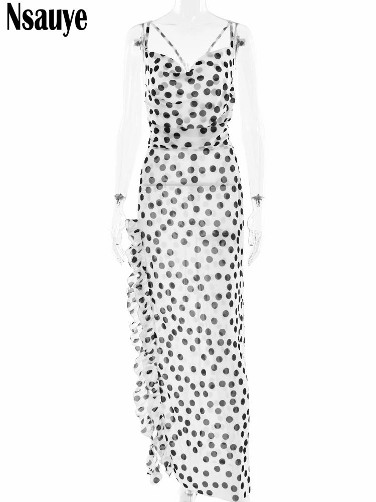 Sophisticated Women's Evening Dress with Ruffles and Polka Dot Floral Print for Summer 2025 Party and Beach Events