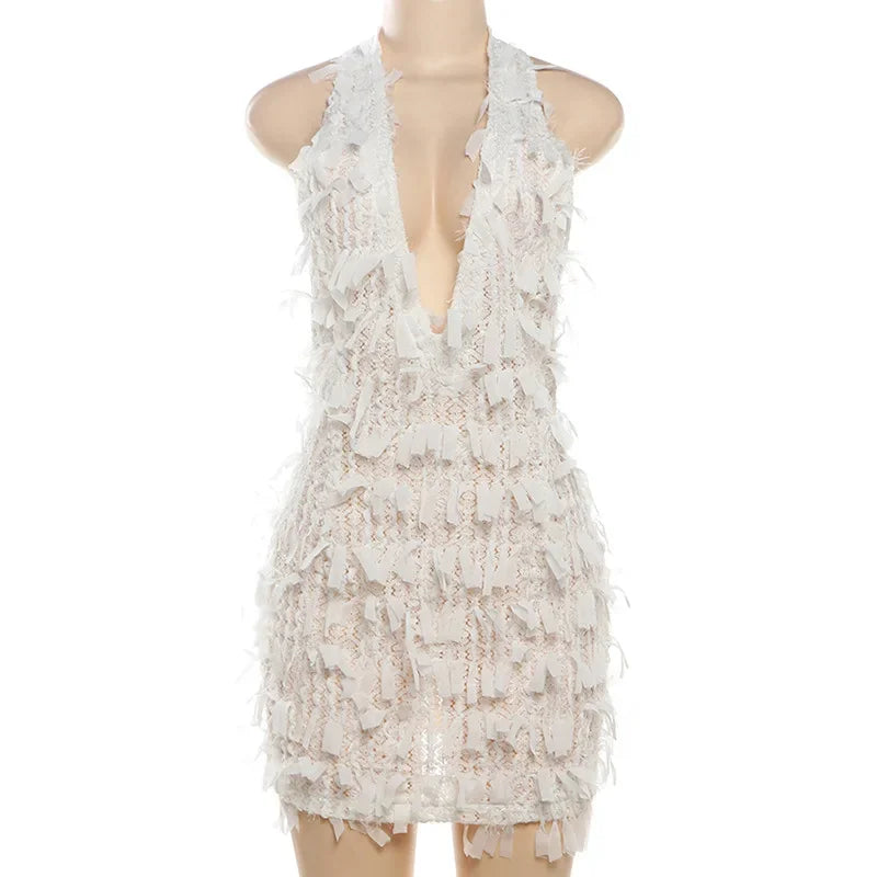2025 Women's Elegant Halter Neck Tassel Dress in White - Y2K-Inspired Backless Bodycon Clubwear for Summer
