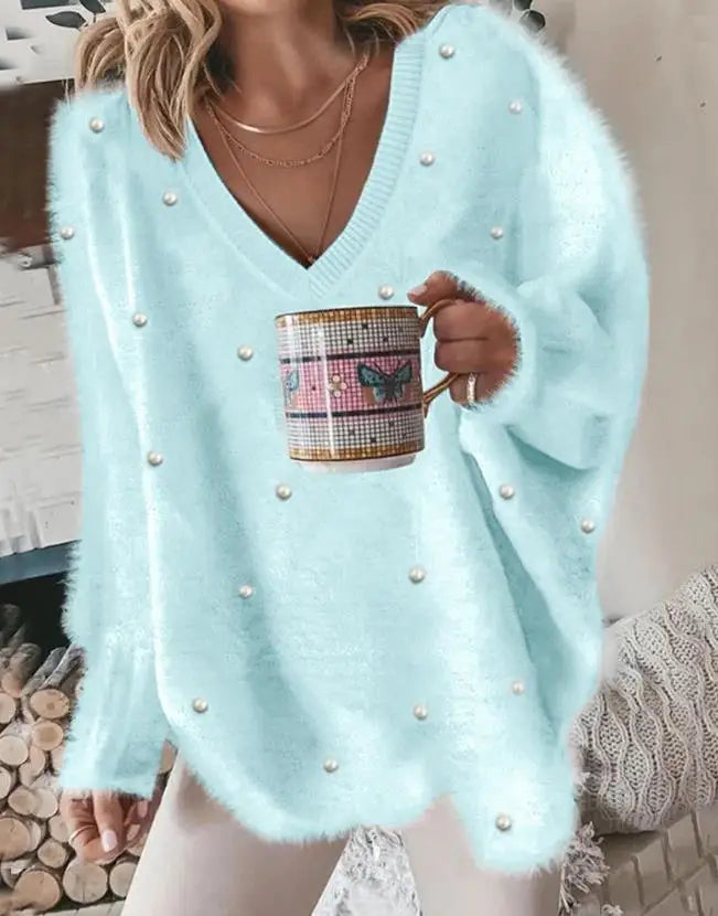 Korean Style Lazy Women'S Sweater 2024 Autumn Ribbed Knitted Pullover V-Neck Pearl Long Sleeved Fluffy Top Women'S Loose Sweater