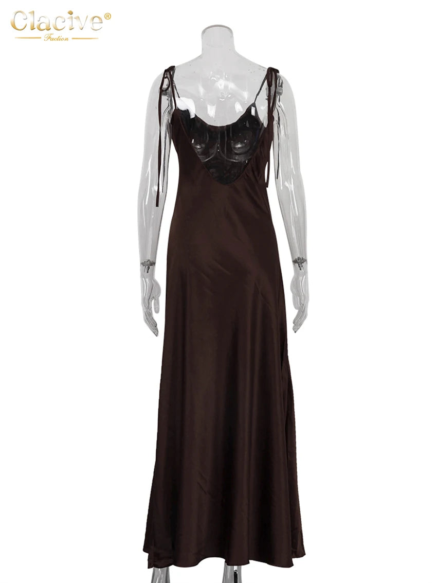 Elegant Brown Satin Maxi Dress for Women with Sleeveless Straps and Backless Design - Summer 2025 Collection
