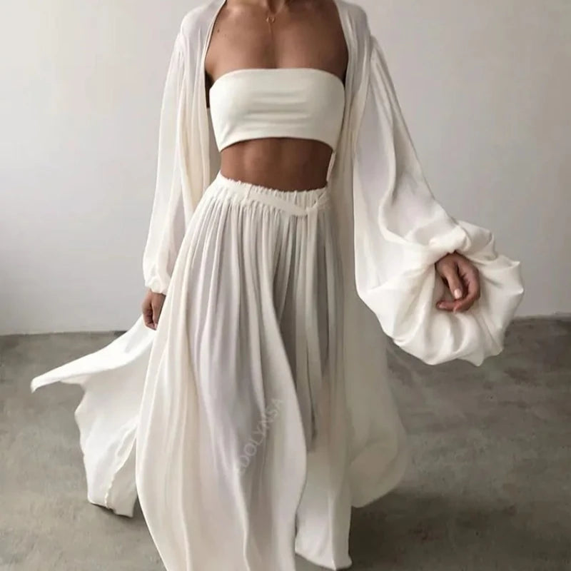 Sexy Solid Color Three-Piece Set 2025 Autumn Women Tube Top Beach Dress Crop Top Trousers Long Sleeve Cardigan 3 Piece Set A1642