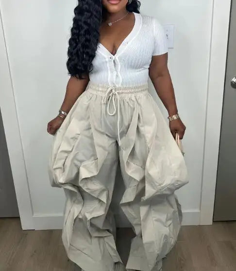 Elegant Women's Cargo Pants with Patchwork Lace and Pleated Waistband, Trendy Drawstring Design for Commuting