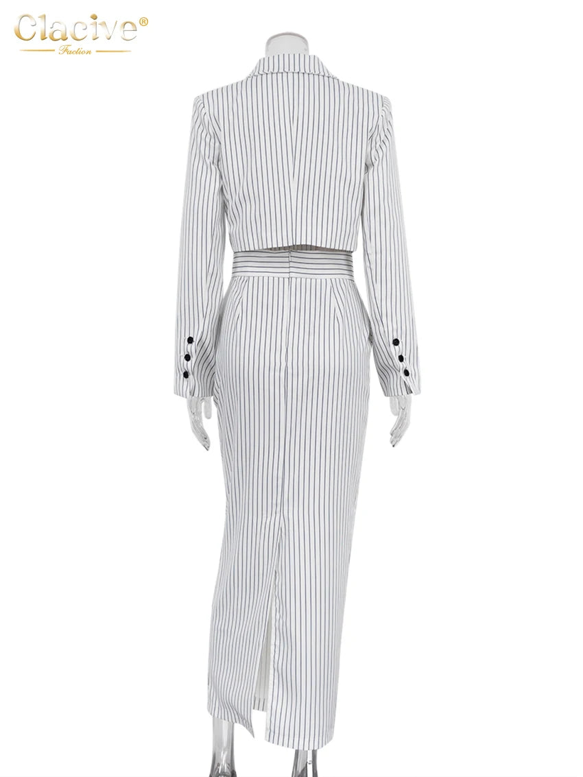 Sophisticated Women's Long Sleeve Crop Top with High Waist Striped Skirt Ensemble