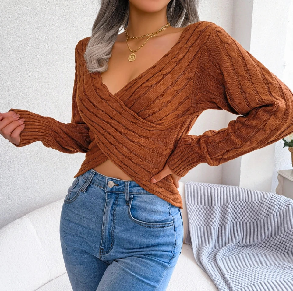 Sexy Knitting Sweater Cross V-Neck Fried Dough Twists Long Sleeve Open Navel Sweater New Fashion Women'S Slim Pullover Top