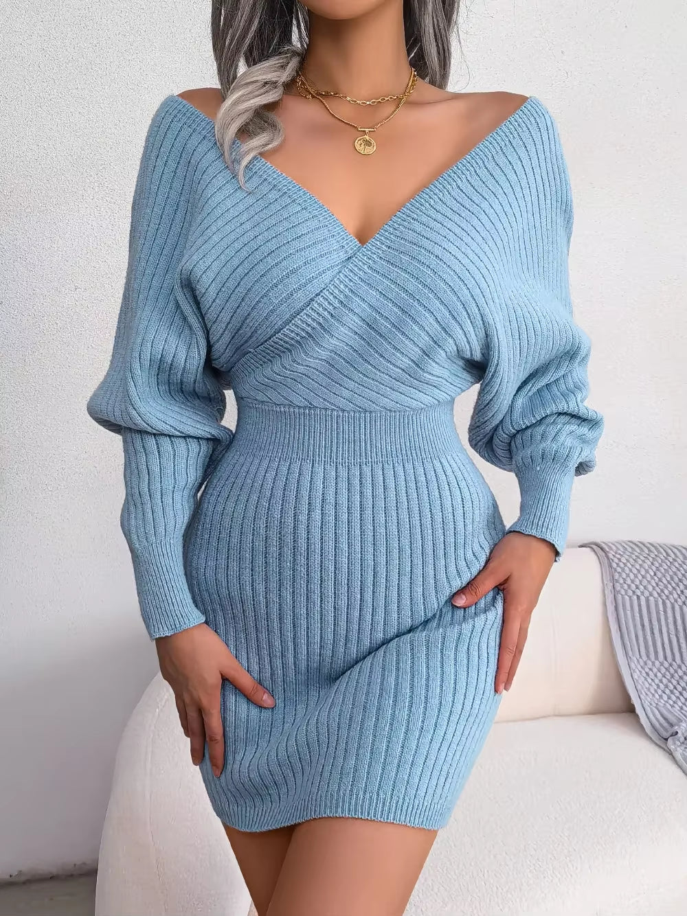 2024 Spring Collection Women's Long Sleeve Bodycon Sweater Dresses in White, Green, Blue, Black, and Purple