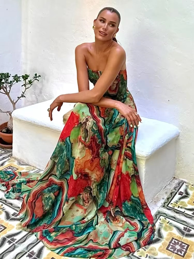 Elegant Pleated Waist Strapless Dress for Women - New Printed Colorful Long Gown for Summer Vacation and Parties 2025