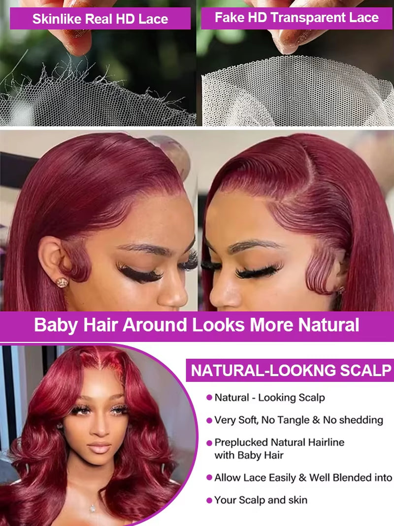 30 40 Inch 13X4 99J Burgundy Body Wave Lace Front Human Hair Water Wave 13X6 Hd Transparent Lace Frontal Wig Brazilian for Women
