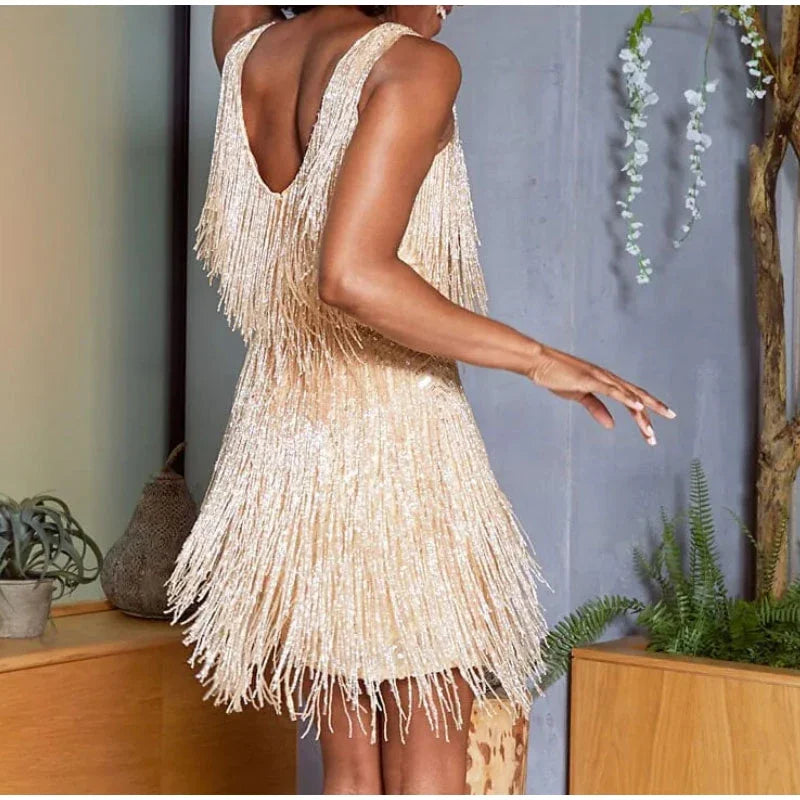2025 Elegant Women's Mini Dress with Tassel, Sequins, and Feathers - Spaghetti Strap Evening and Party Wear