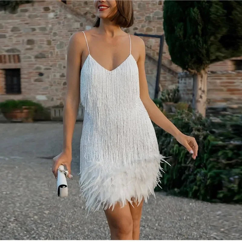2025 Elegant Women's Mini Dress with Tassel, Sequins, and Feathers - Spaghetti Strap Evening and Party Wear