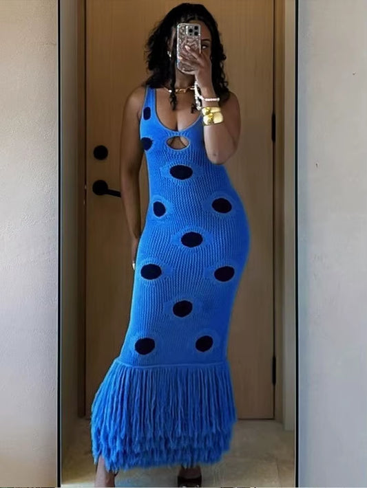 Multilayer Tassels Hem Maxi Dress Knit Dot Women Hollow Low-Neck Sleeveless Skinny Beach Party Summer Fashion Vestidos