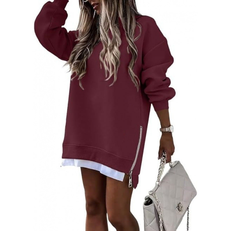 Women's Pullover Sweater with Side Zipper and Stitching Detail for Autumn and Winter Fashion