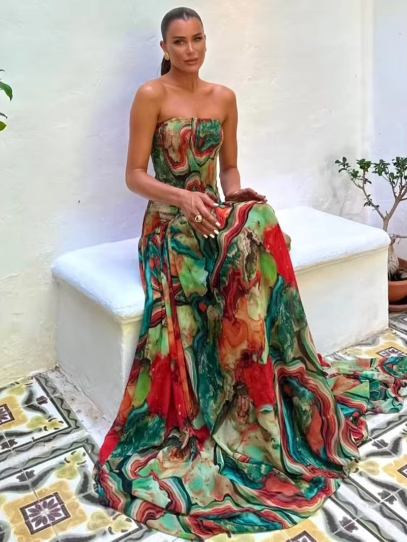 Elegant Pleated Waist Strapless Dress for Women - New Printed Colorful Long Gown for Summer Vacation and Parties 2025