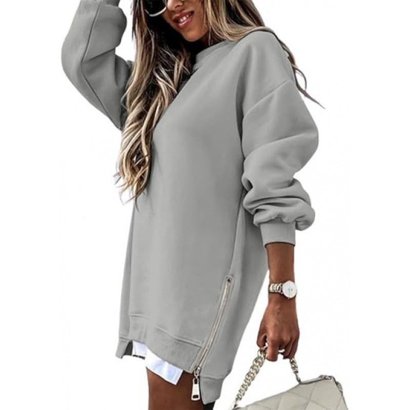 Women's Pullover Sweater with Side Zipper and Stitching Detail for Autumn and Winter Fashion