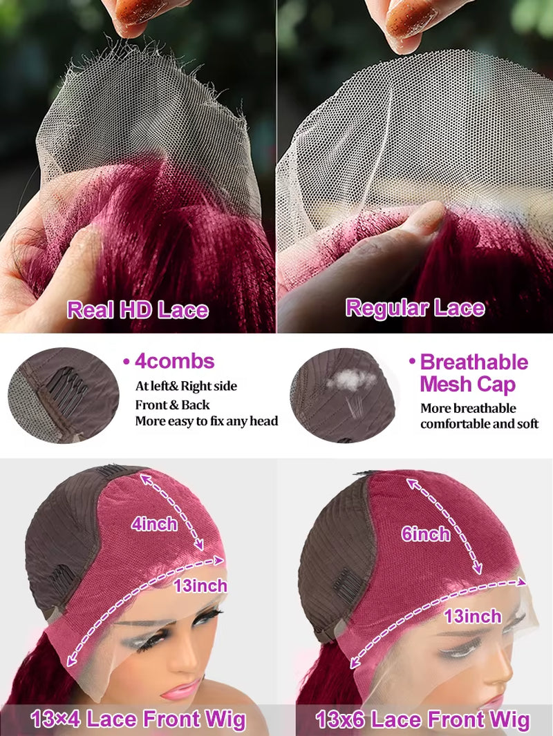 30 40 Inch 13X4 99J Burgundy Body Wave Lace Front Human Hair Water Wave 13X6 Hd Transparent Lace Frontal Wig Brazilian for Women
