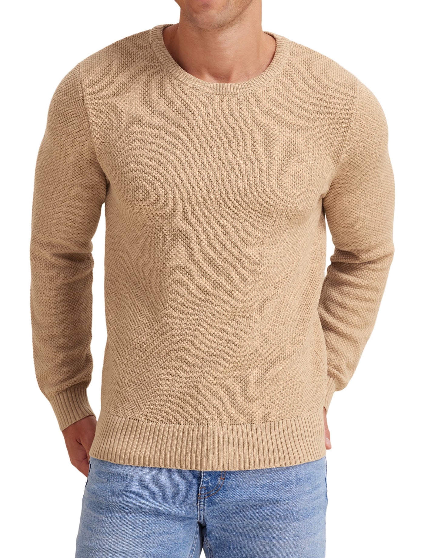 Mens Pullover Sweater Soft Lightweight Casual Classic Crewneck Knitwear Sweaters with Ribbing Edge Light Camel-Xxl