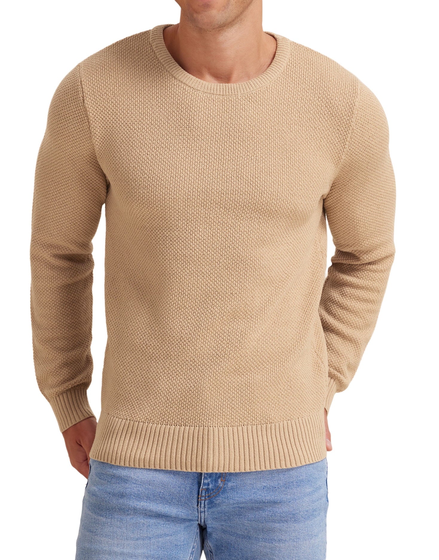 Mens Pullover Sweater Soft Lightweight Casual Classic Crewneck Knitwear Sweaters with Ribbing Edge Light Camel-Xxl