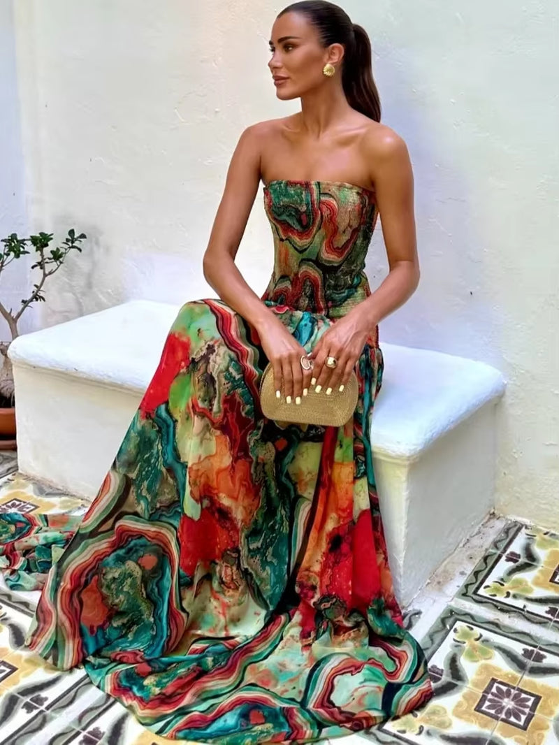 Elegant Pleated Waist Strapless Dress for Women - New Printed Colorful Long Gown for Summer Vacation and Parties 2025