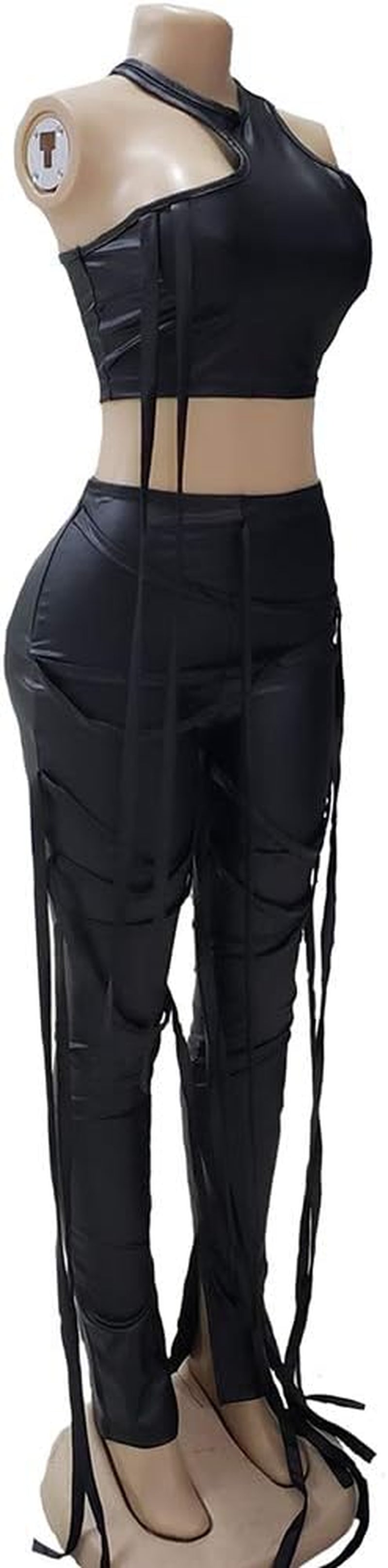 Women's Two-Piece Bandage Set with Elastic Irregular Tank Top and Lace-Up Bodycon Split Pants for Clubwear