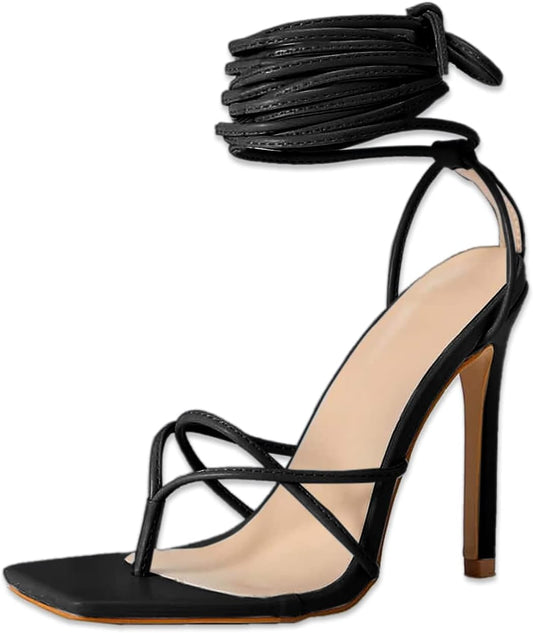 Women's Strappy High Heel Sandals with Lace-Up Design and Square Flip Flop Style for Parties