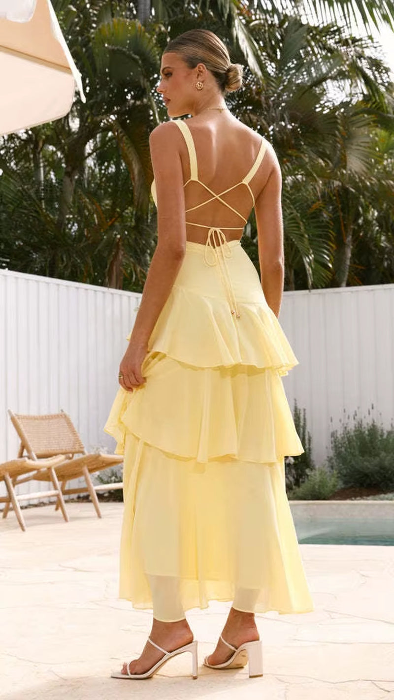 Purely Sensual and Trendy Summer French-Style Cake Dress for Girls, Elegant Sleeveless V-Neck Dress.