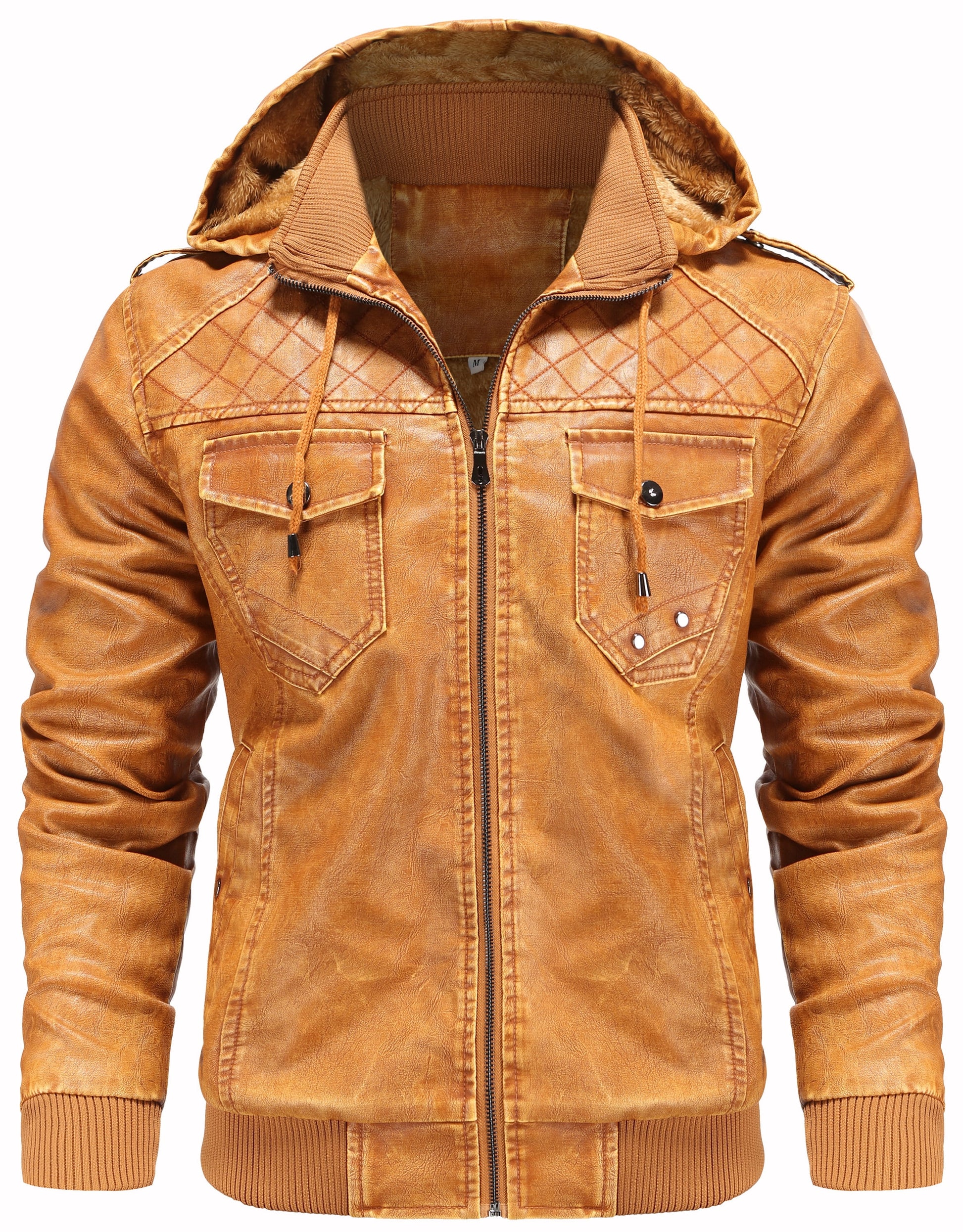 Men’S Leather Jacket and Coats Casual Stand Collar Vintage PU Faux Leather Zip-Up Motorcycle Bomber Jacket with Removable Hood Black S