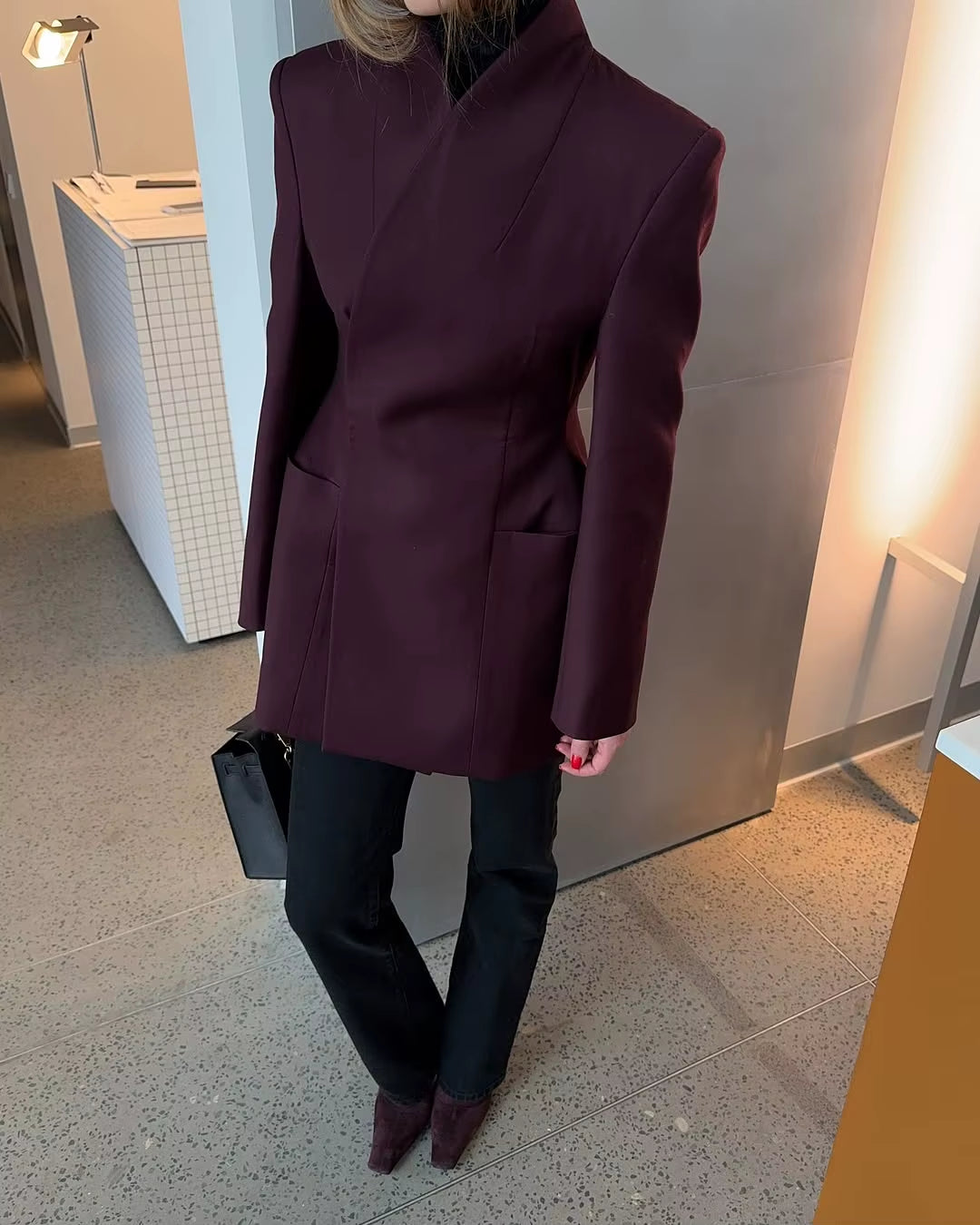 Elegant Waisted V-Neck Coat Women Loose Solid Pockets Long Sleeve Simple Coats Female 2025 Autumn Winter Fashion Lady Jacket