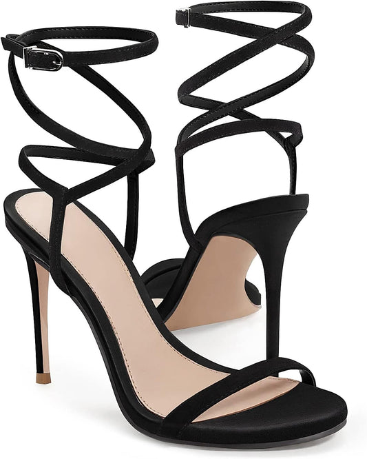 Women's Strappy Lace-Up High Heeled Sandals with Ankle Strap for Summer Dresses