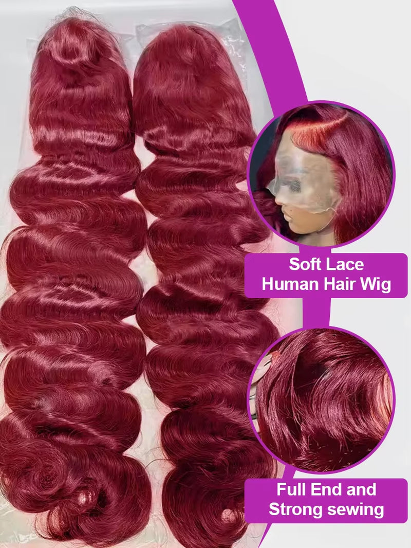30 40 Inch 13X4 99J Burgundy Body Wave Lace Front Human Hair Water Wave 13X6 Hd Transparent Lace Frontal Wig Brazilian for Women