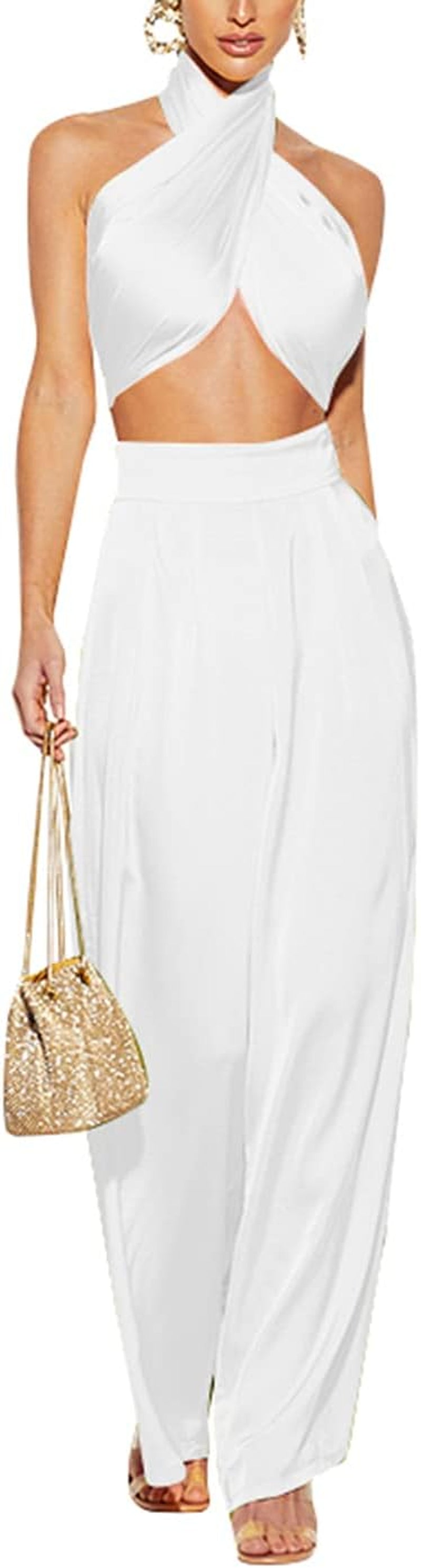 Chic Summer Women's Two-Piece Ensemble: Halter Criss-Cross Crop Top with Wide-Leg Pants for Stylish Clubwear