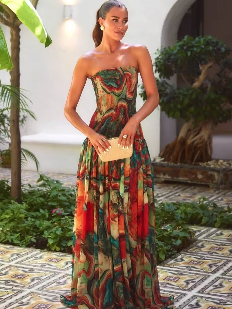Elegant Pleated Waist Strapless Dress for Women - New Printed Colorful Long Gown for Summer Vacation and Parties 2025