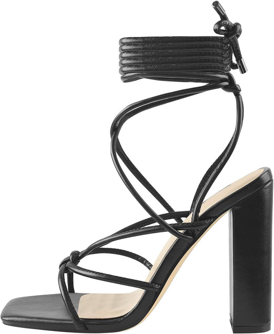 Women'S Square Open Toe Chunky High Heel Lace up Sandals