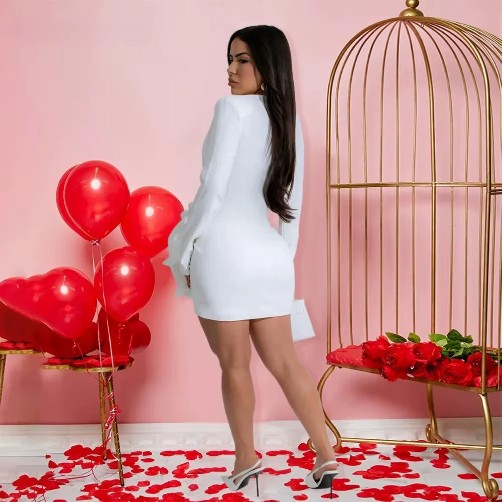 BWQ Women Rose Floral Applique Long Sleeve Bodycon Mini Midi Dress Winter V-Neck Club Sexy Party Evening Dresses Vestidos 2025