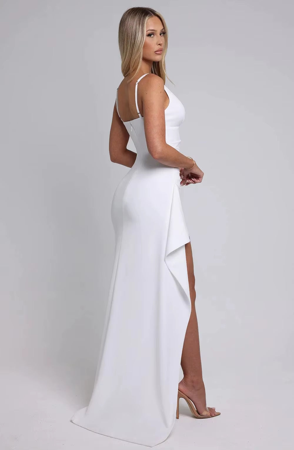 Elegant Women's Deep V-Neck Suspender Dress with High Slit for Nightclub and Runway Events - White Floor-Length Gown