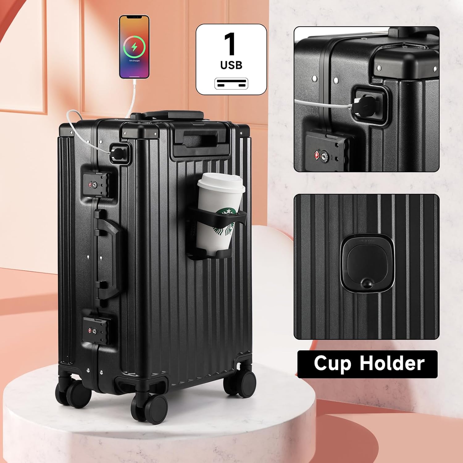 Hard Shell Carry on Luggage 22X14X9 Airline Approved,20 Inch Aluminum Luggage with 100% 3-Layer Pc,Carry on Suitcases with Wheels,Cup Holder and USB Port (Classic Black, 20 Inch)