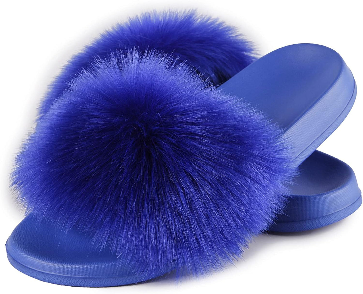 Women'S Faux Fur Slides, Open Toe Cute Fur Slippers, Indoor or Outdoor Comfortable Furry Slide Sandals with Fluffy Fur