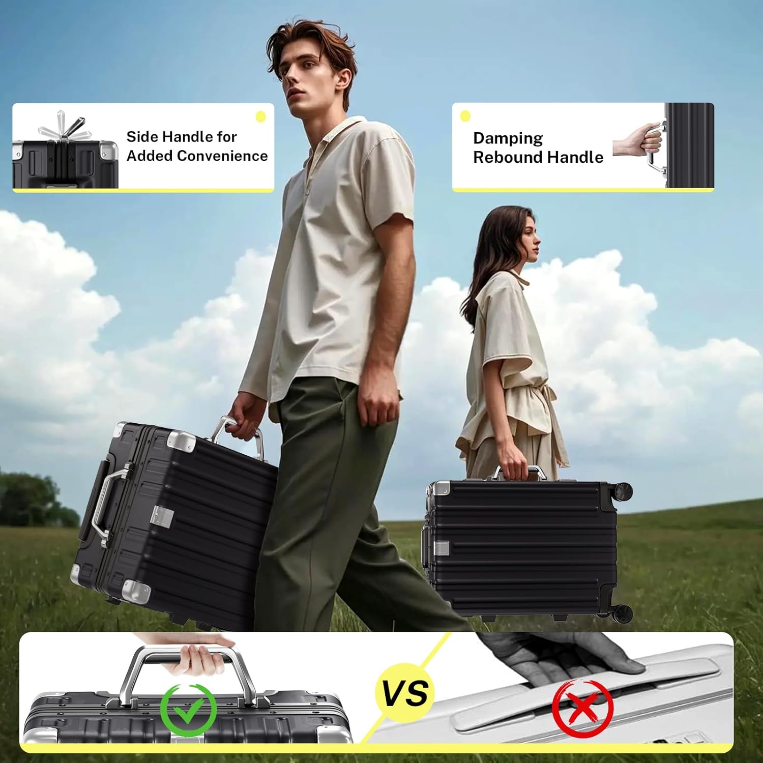 Carry on Luggage 20 Inch Aluminum Frame Suitcase with Spinner Wheels No Zipper Hardshell PC+ABS Luggages TSA Lock Zipperless Suitcases