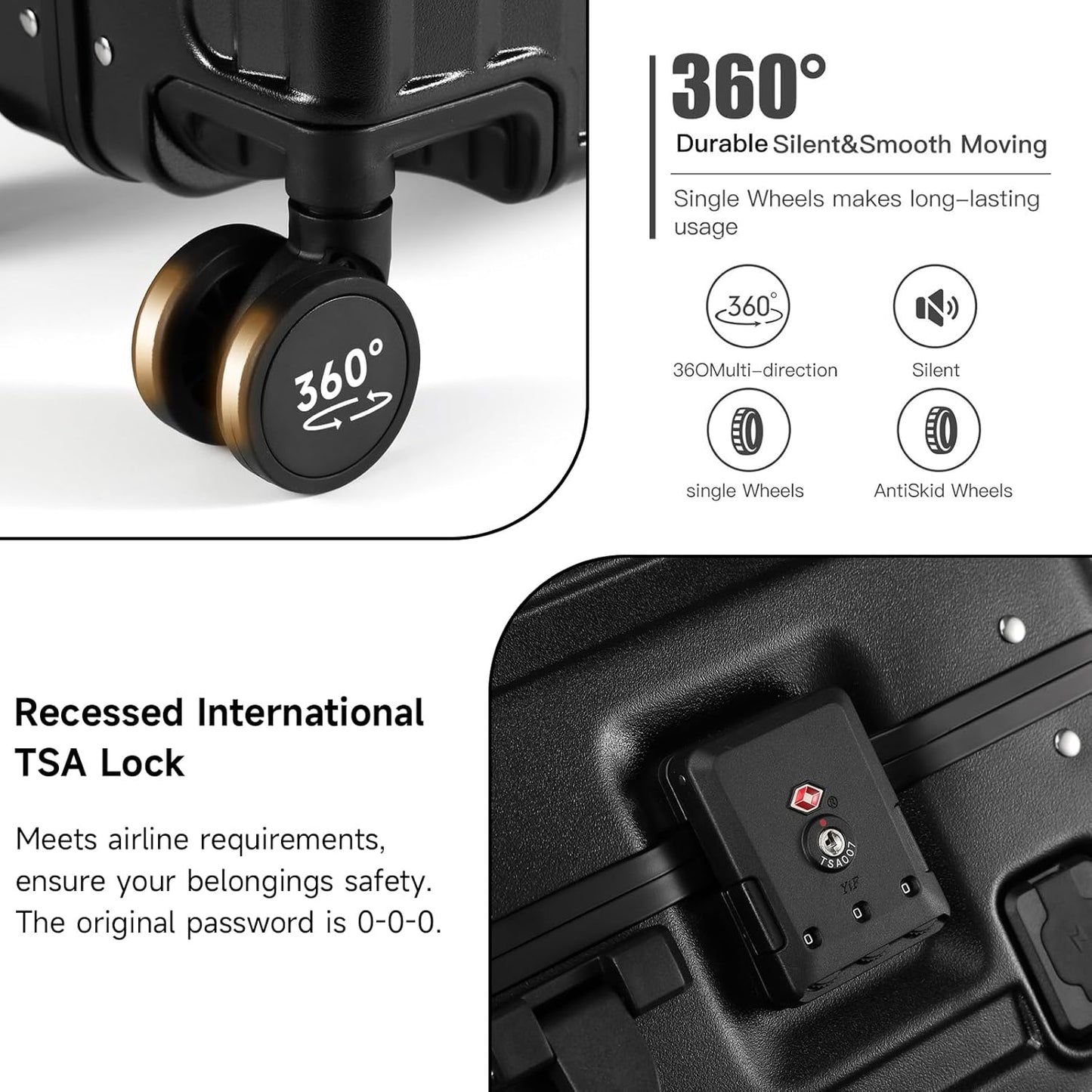 Hard Shell Carry on Luggage 22X14X9 Airline Approved,20 Inch Aluminum Luggage with 100% 3-Layer Pc,Carry on Suitcases with Wheels,Cup Holder and USB Port (Classic Black, 20 Inch)