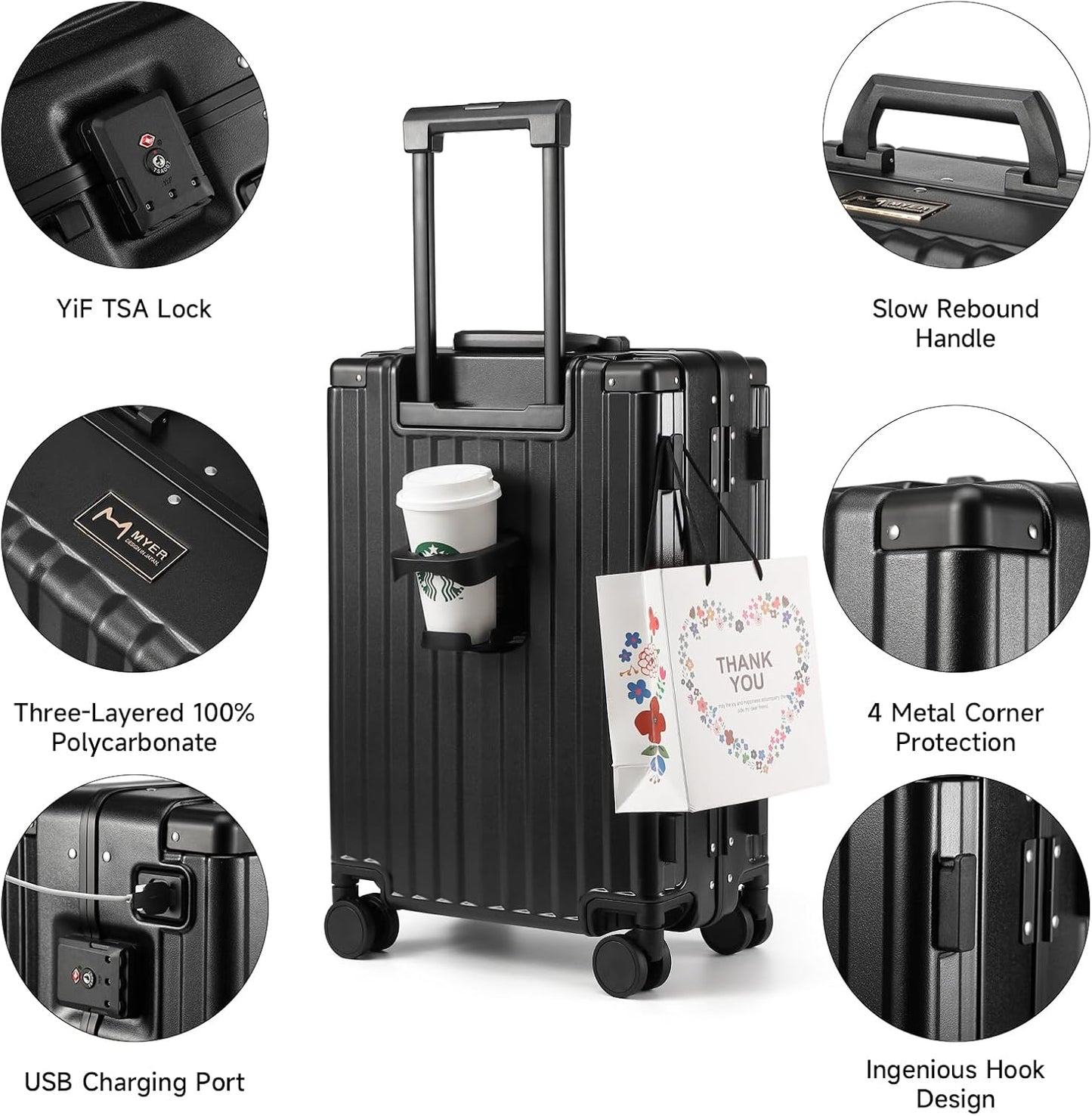 Hard Shell Carry on Luggage 22X14X9 Airline Approved,20 Inch Aluminum Luggage with 100% 3-Layer Pc,Carry on Suitcases with Wheels,Cup Holder and USB Port (Classic Black, 20 Inch)