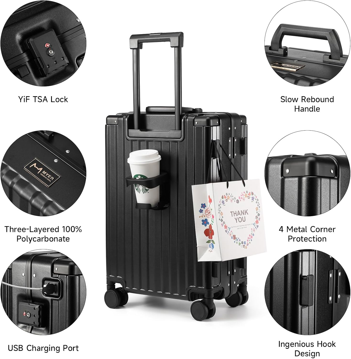 Hard Shell Carry on Luggage 22X14X9 Airline Approved,20 Inch Aluminum Luggage with 100% 3-Layer Pc,Carry on Suitcases with Wheels,Cup Holder and USB Port (Classic Black, 20 Inch)