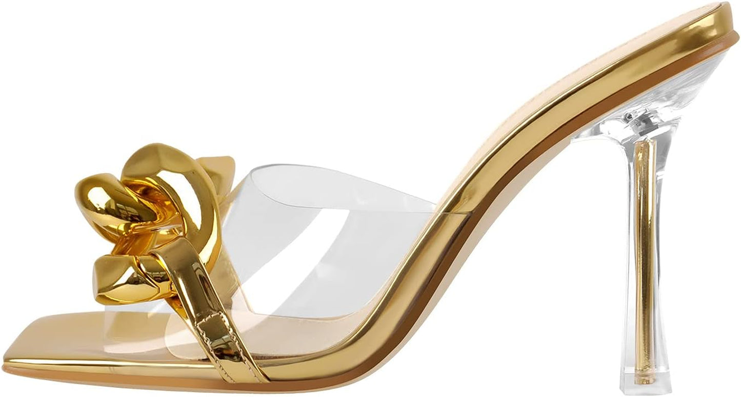 Women'S Square Open Toe PVC Strap Slip on High Heel Sandals