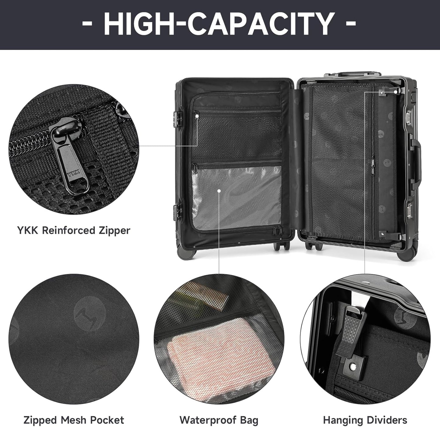 Hard Shell Carry on Luggage 22X14X9 Airline Approved,20 Inch Aluminum Luggage with 100% 3-Layer Pc,Carry on Suitcases with Wheels,Cup Holder and USB Port (Classic Black, 20 Inch)