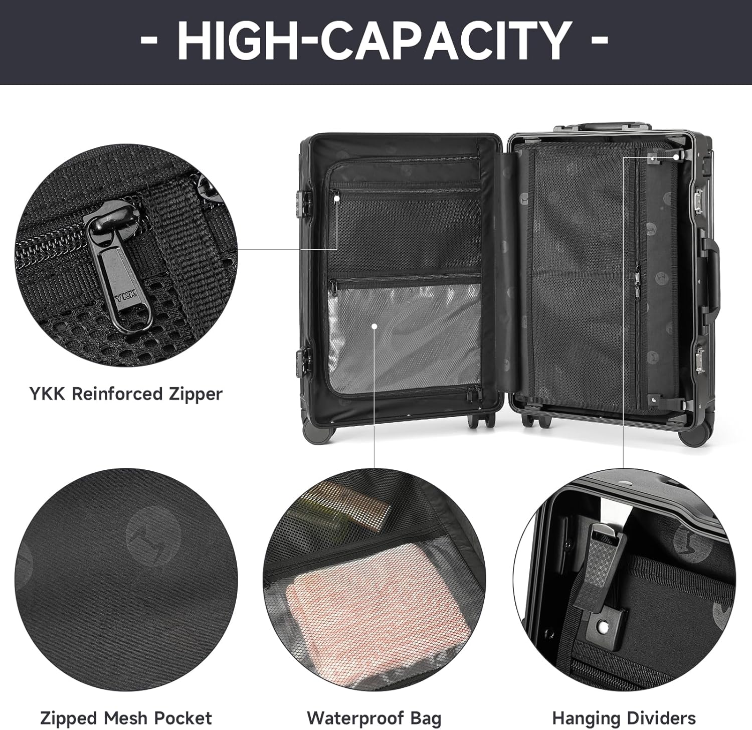 Hard Shell Carry on Luggage 22X14X9 Airline Approved,20 Inch Aluminum Luggage with 100% 3-Layer Pc,Carry on Suitcases with Wheels,Cup Holder and USB Port (Classic Black, 20 Inch)