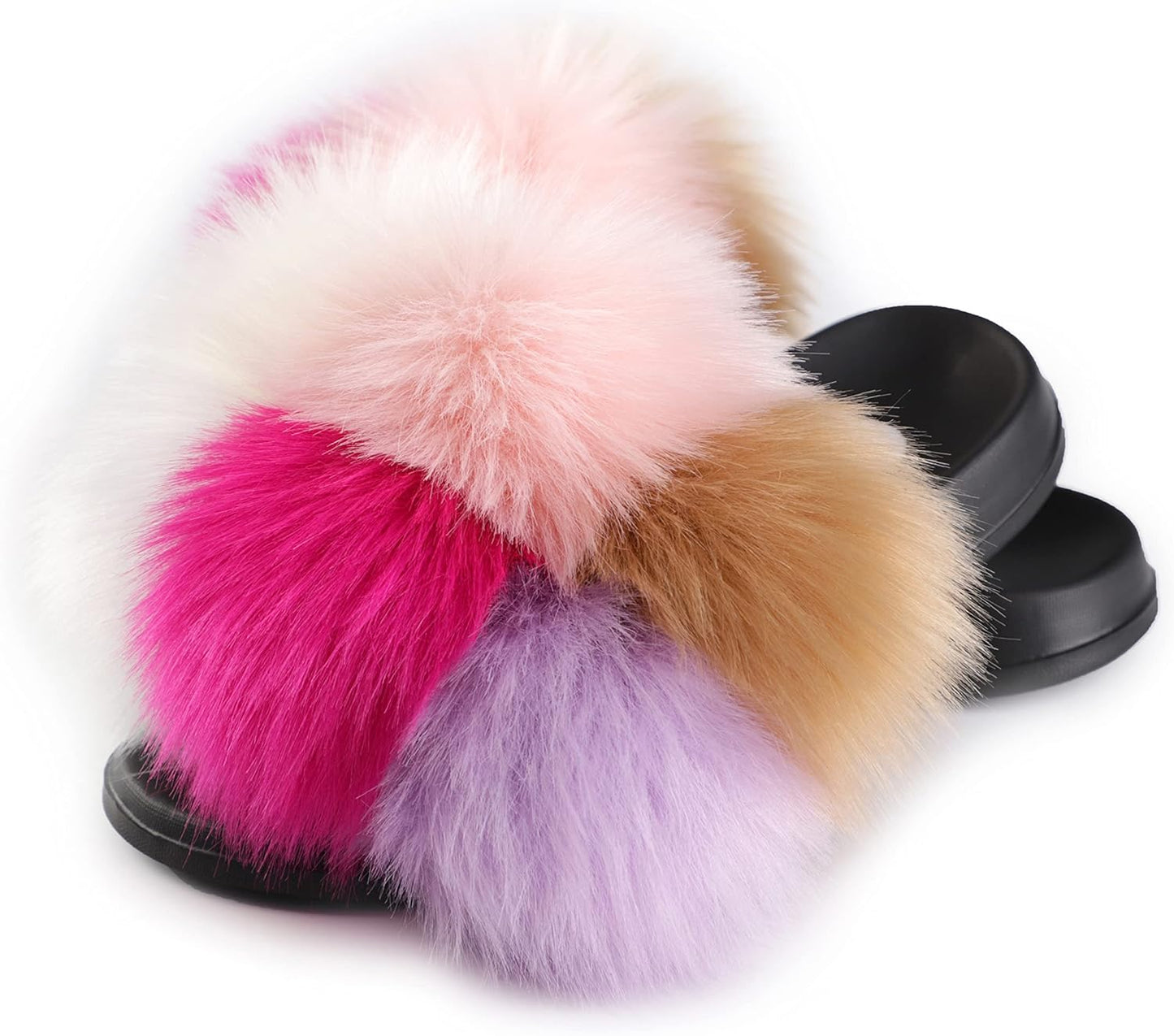 Women'S Faux Fur Slides, Open Toe Cute Fur Slippers, Indoor or Outdoor Comfortable Furry Slide Sandals with Fluffy Fur