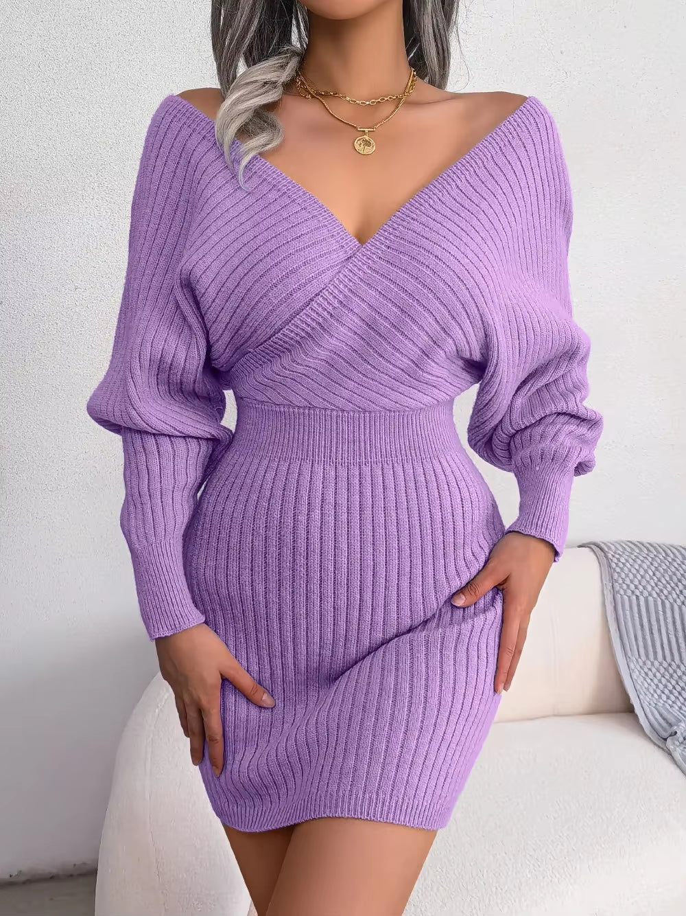 2024 Spring Collection Women's Long Sleeve Bodycon Sweater Dresses in White, Green, Blue, Black, and Purple