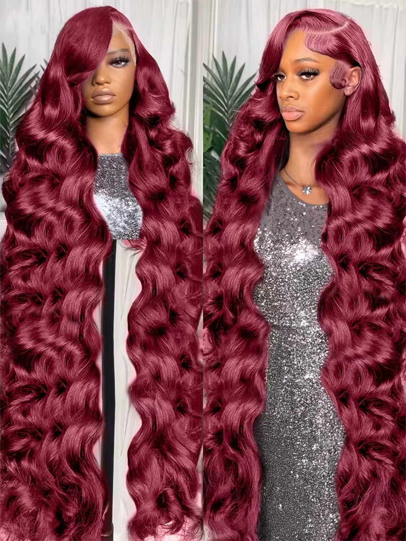 30 40 Inch 13X4 99J Burgundy Body Wave Lace Front Human Hair Water Wave 13X6 Hd Transparent Lace Frontal Wig Brazilian for Women
