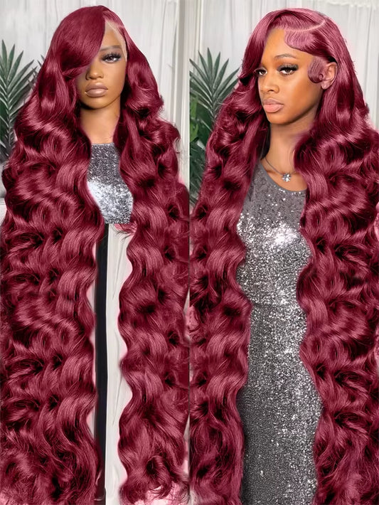 30 40 Inch 13X4 99J Burgundy Body Wave Lace Front Human Hair Water Wave 13X6 Hd Transparent Lace Frontal Wig Brazilian for Women
