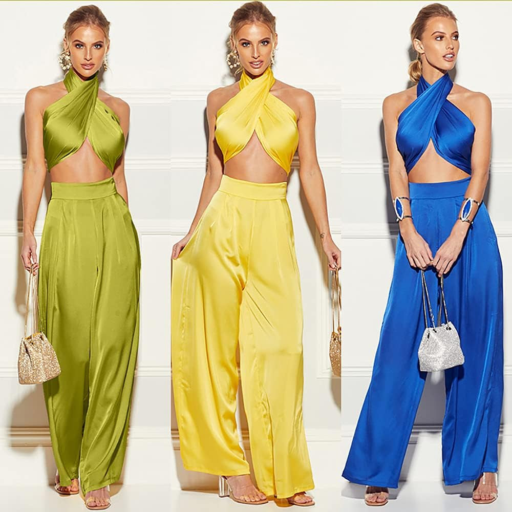 Chic Summer Women's Two-Piece Ensemble: Halter Criss-Cross Crop Top with Wide-Leg Pants for Stylish Clubwear