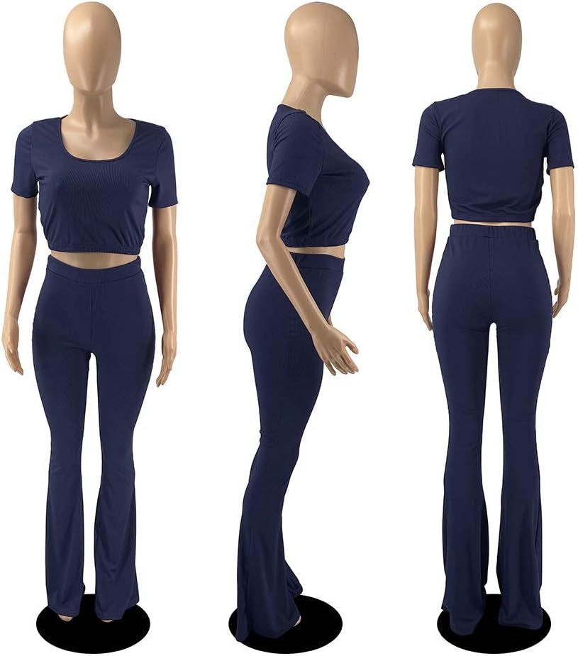 Women's 2-Piece Activewear Set - Elegant Crop Top and High-Waisted Flared Pants for Yoga and Fitness