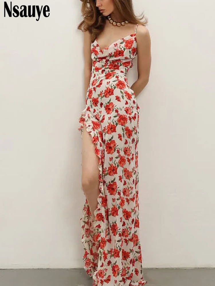 Sophisticated Women's Evening Dress with Ruffles and Polka Dot Floral Print for Summer 2025 Party and Beach Events